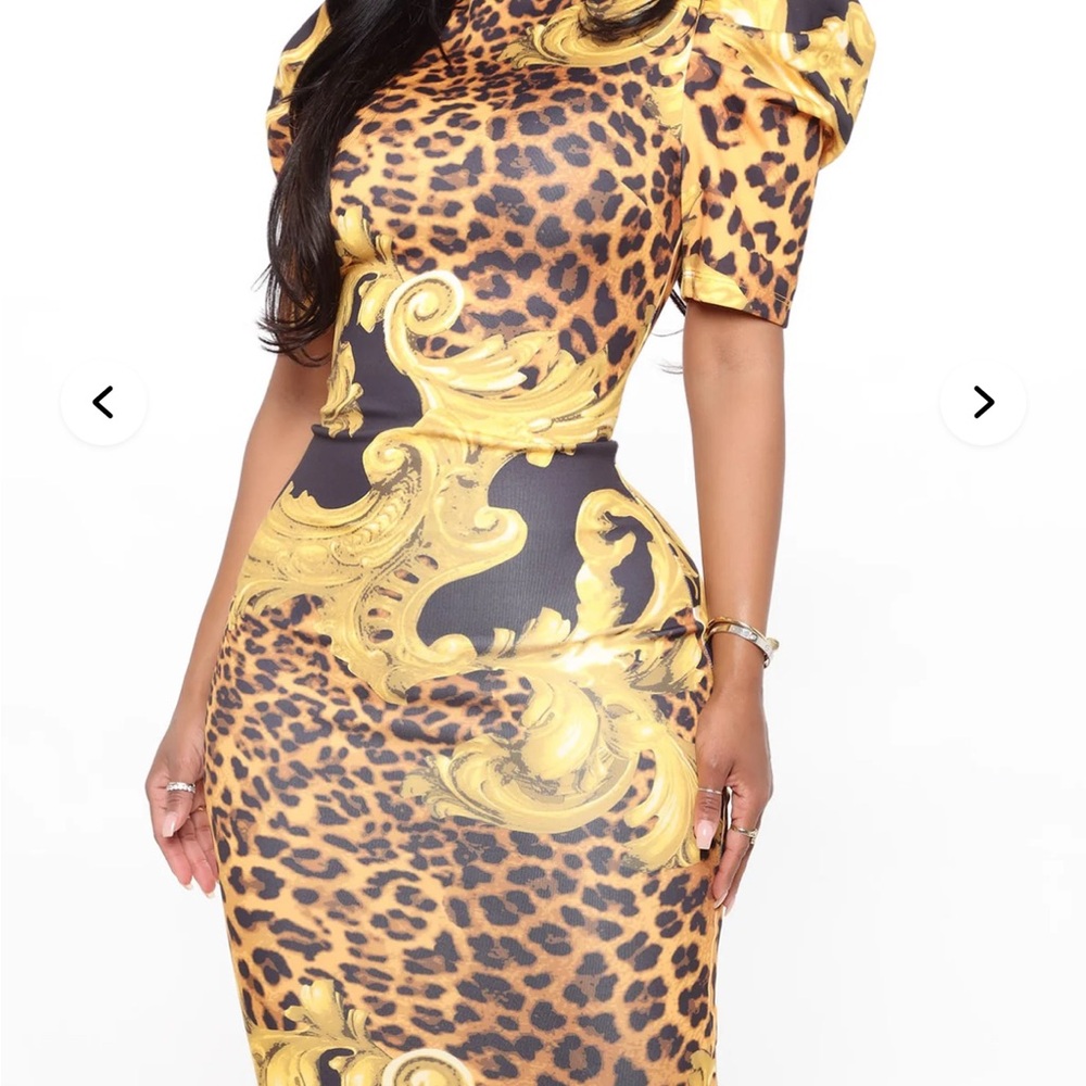 Fashion Nova Leopard and Gold Puff Sleeve Midi Dress Size M